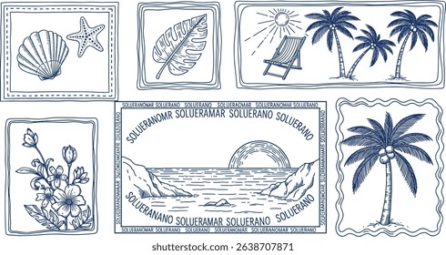 Blue tropical beach stamps seamless pattern. Cute hand drawn palm tree, flowers, seashells, sea island, summer vacation elements in frame. Vector tropic story design, print, exotic wallpaper, textile