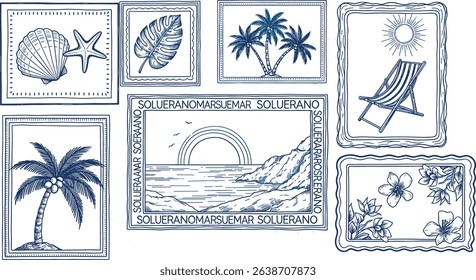 Blue tropical beach stamps seamless pattern. Cute hand drawn palm tree, flowers, seashells, sea island, summer vacation elements in frame. Vector tropic story design, print, exotic wallpaper, textile