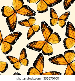 Blue tropical butterflies and butterfly silhouettes vector seamless background