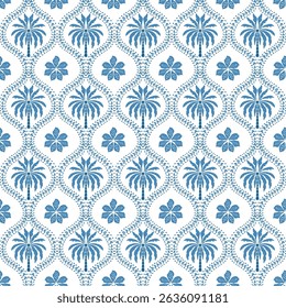 Blue tropical damask seamless pattern. Hand drawn palm tree, floral jungle geometry ornament for textile, wallpaper, repeat background. Vector summer beach print design with cute curve botanical lines