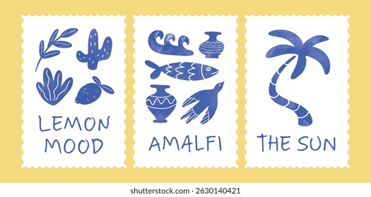 Blue tropical elements and icons including Palm Tree, Lemon, Bird, Sardine, Vase, Olive Branch. Lettering Lemon Mood, Amalfi, The Sun. Summertime Theme. Hand drawn flat vector stamps.