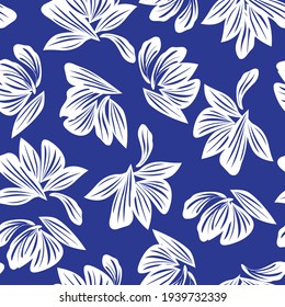 Blue tropical floral botanical seamless pattern background suitable for fashion prints, graphics, backgrounds and crafts