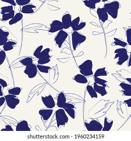 Blue tropical floral botanical seamless pattern background suitable for fashion prints, graphics, backgrounds and crafts