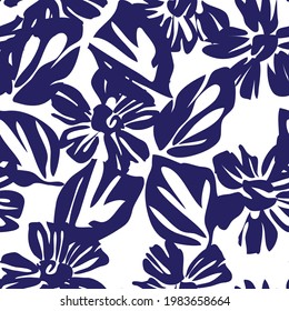 Blue tropical floral botanical seamless pattern background suitable for fashion prints, graphics, backgrounds and crafts