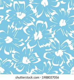 Blue tropical floral botanical seamless pattern background suitable for fashion prints, graphics, backgrounds and crafts