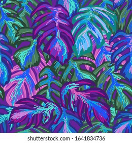 Blue tropical foliage. Seamless pattern with monstera leaves. Aloha textile collection. Template for scarves, dresses, swimwears.