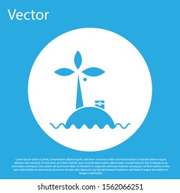 Blue Tropical island in ocean icon isolated on blue background. Landscape with ocean and palm trees. Travel. White circle button. Vector Illustration
