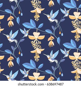 Blue tropical or jungle background. Flowers and hummingbird seamless pattern.