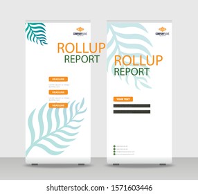 BLue hojas tropicales Abstract Shapes Modern Exhibition Advertising Trend Business Roll Up Banner Stand Poster Brochure plantilla de diseño plano concepto creativo. Despliegue de EPS en fondo blanco. Presentación