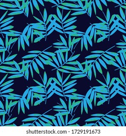 Blue Tropical Leaf botanical seamless pattern background suitable for fashion prints, graphics, backgrounds and crafts