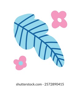 Blue tropical leaf with soft pink flowers on a white background. A cheerful, whimsical design for nature, botanic, or tropical-themed projects.