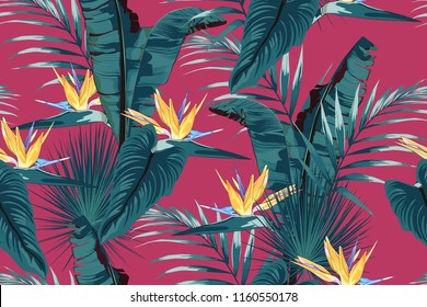 Blue tropical leaves with jungle plants. Seamless vector tropical pattern with monstera leaves and yellow strelitzia flowers. Fuchsia background.