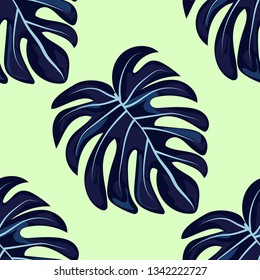 Blue tropical leaves monstera pattern. Tropical seamless pattern with leaf monstera.