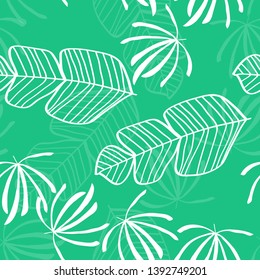 Blue tropical leaves pattern. Tropical seamless pattern with white leaves of monstera, banana and palm trees on a blue background.