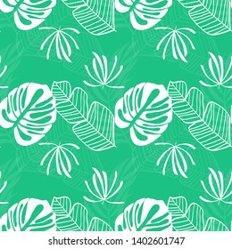 Blue tropical leaves pattern. Tropical seamless pattern with white leaves of monstera, banana and palm trees on a blue background.