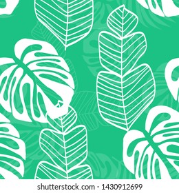 Blue tropical leaves pattern. Tropical seamless pattern with white leaves of monstera, banana and palm trees on a blue background.