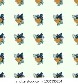 Blue Tropical leaves and red flowers on a white background. Tropical seamless pattern with hibiscus flowers and leaves. Ethnic Background with Hawaiian flowers and plants.