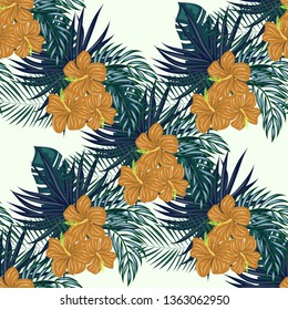 Blue Tropical leaves and red flowers on a white background. Tropical seamless pattern with hibiscus flowers and leaves. Ethnic Background with Hawaiian flowers and plants.