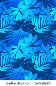Blue tropical leaves in repeat pattern.