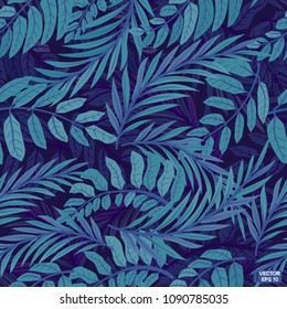 Blue tropical leaves, seamless pattern.