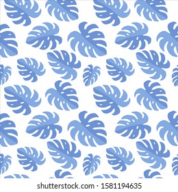 Blue tropical leaves seamless pattern on white background. Line art vector illustration. Delicate blue colors. For wrapping paper, scrap booking and printed matter. 