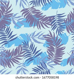 Las hojas tropicales azules son un patrón sin fisuras. Ilustración vectorial. 
