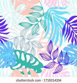 Blue tropical leaves. Seamless pattern with floral elements. Aloha textile collection. Template for textile design, cards, covers.