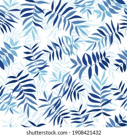 Hojas tropicales azules. Patrón sin fisuras para tela, papel de envoltura y web.