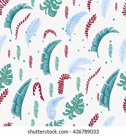 Blue tropical leaves seamless pattern