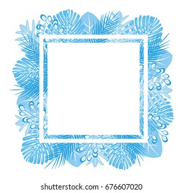 Blue Tropical Leaves Vector Square Frame Template