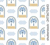 Blue tropical palm tree in arch seamless pattern. Summer checkered print, geometric square shapes ornament. Cute vector wallpaper. Hand drawn coconut plant, tropic illustration. Simple textile design