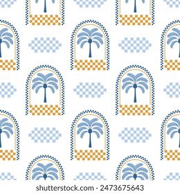 Blue tropical palm tree in arch seamless pattern. Summer checkered print, geometric square shapes ornament. Cute vector wallpaper. Hand drawn coconut plant, tropic illustration. Simple textile design