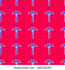Blue Tropical palm tree icon isolated seamless pattern on red background. Coconut palm tree.  Vector Illustration