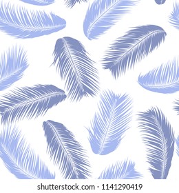Blue Tropical Palm Tree Leaves. Vector Seamless Pattern. Simple Silhouette Coconut Leaf Sketch. Summer Floral Background. Wallpaper of Exotic Palm Tree Leaves for Textile, Fabric, Cloth Design, Print.