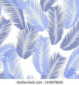 Blue Tropical Palm Tree Leaves. Vector Seamless Pattern. Simple Silhouette Coconut Leaf Sketch. Summer Floral Background. Wallpaper of Exotic Palm Tree Leaves for Textile, Fabric, Cloth Design, Print.