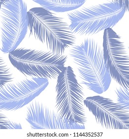 Blue Tropical Palm Tree Leaves. Vector Seamless Pattern. Simple Silhouette Coconut Leaf Sketch. Summer Floral Background. Wallpaper of Exotic Palm Tree Leaves for Textile, Fabric, Cloth Design, Print.