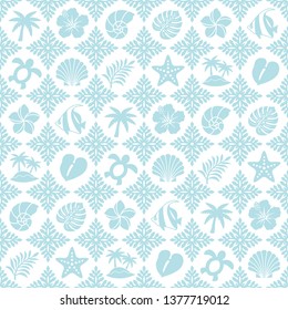 blue tropical pattern with Hawaiian quilt and summer icons.