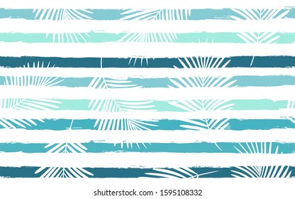 Blue tropical pattern, palm leaves seamless vector floral background. Exotic plant on sea stripes print illustration. Summer jungle print. Leaves of palm tree on paint lines.
