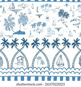 Blue tropical sea island seamless pattern. Hand drawn sketch coastal background, cute palms, beach houses, sailboats, ocean vibes, sunset. Vector summer vacation wallpaper drawing in ink.