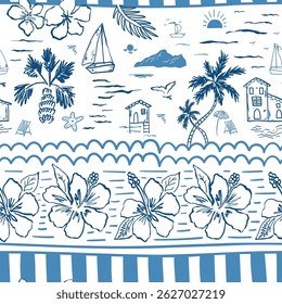 Blue tropical sea seamless pattern. Hand drawn sketch coastal background, cute palms, beach houses, sailboats, hibiscus flowers, stripes, ocean waves. Vector summer vacation wallpaper drawing in ink.