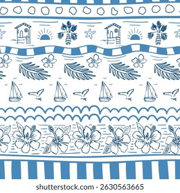 Blue tropical sea striped seamless pattern. Hand drawn sketch coastal background, cute palms, beach houses, sailboats hibiscus flowers, stripes, waves. Vector summer vacation wallpaper drawing in ink.