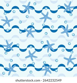 Blue Tropical sea wave and starfish seamless pattern.Mediterranean summer abstract background. Hawaii marine folk art.Cute hand drawn illustration for seasonal design, surface,holiday vacation deco.