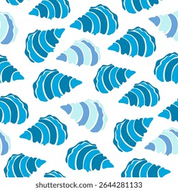 Blue Tropical seashells seamless pattern. Mediterranean summer abstract background. Hawaii marine background.Vector folk art Hand drawn illustration for seasonal design, surface,holiday vacation.