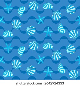 Blue Tropical seashells and starfish seamless pattern.Mediterranean summer abstract background. Hawaii marine folk art.Cute hand drawn illustration for seasonal design, surface,holiday vacation deco.