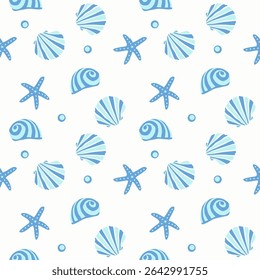 Blue Tropical seashells and starfish seamless pattern.Mediterranean summer abstract background. Hawaii marine folk art.Cute hand drawn illustration for seasonal design, surface,holiday vacation deco.