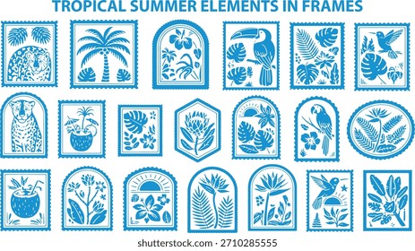 Elementos de verano tropicales azules enmarcados en sellos de sellos postales Formas marcos sellos