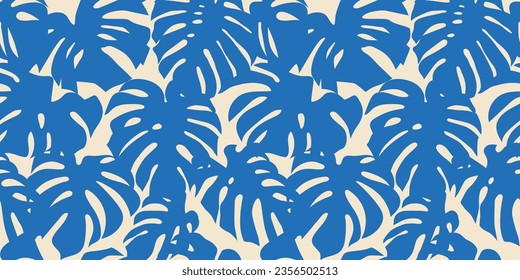 Blue tropical summer plant leaf seamless pattern. Exotic jungle monstera leaves background illustration. Natural organic artwork wallpaper print. Vintage botanical palm tree texture.	