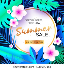 Blue Tropical Summer Sale.Palm leaves, plants, flowers frangipani - Plumeria. Exotic Paper cut art. Hawaiian. Circle frame. Text. Origami Monstera jungle background. Special offer. Poster Flyer