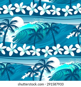 Blue Tropical Surfing With Palm Trees Seamless Pattern .