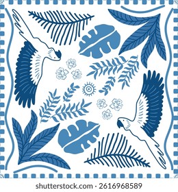Blue tropical tile, scarf, square seamless pattern with palm leaves, parrot, flowers, geometric check ornament, jungle elements, summer vacation print. Cute vector background, textile design, print.